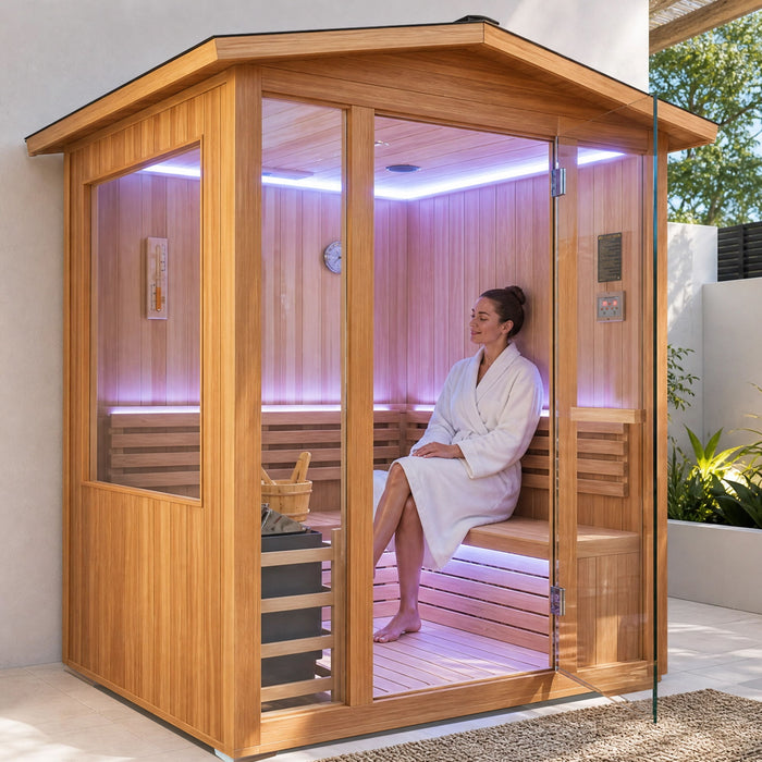 6000W 240V Outdoor Steam Sauna For 4 People - Ameican White Oak