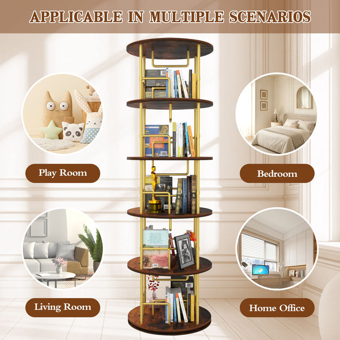 5 Tier 360 Rotating Bookshelf, Display Round Floor Standing Swivel Bookcase For Bedroom - Golden