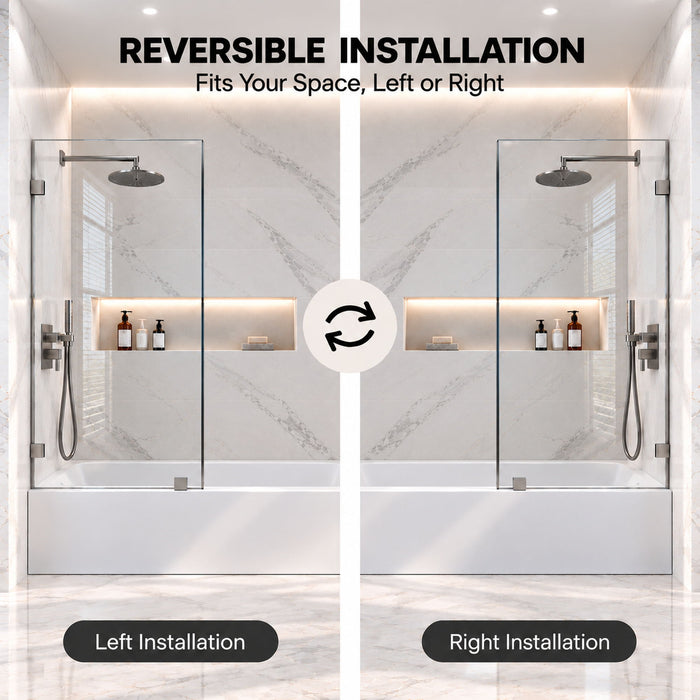 Frameless Bathtub Shower Screen, Reversible Installation