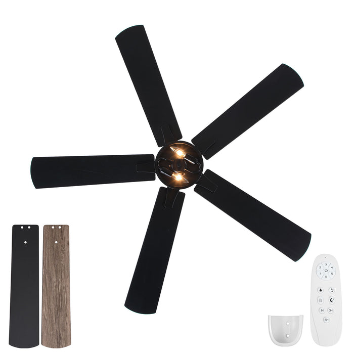 Ceiling Fan With Light, Dual‑Sided Matte Black & Wood Grain Blades - Black