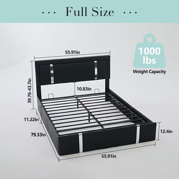 Upholstered Platform Bed Frame With Adjustable LED Headboard, USB C-Charging, Hydraulic Lift