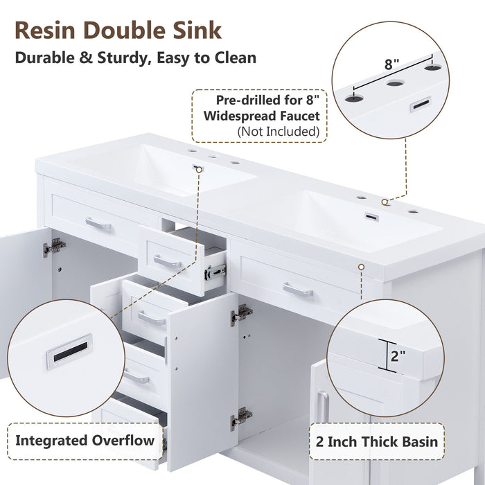 59.1" Minimalist Double Sink Bathroom Vanity With Top, Soft Close Doors & Drawers - White