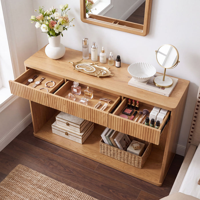 Fluted Console Table With 3 Drawers, Long Sofa Table Behind Couch For Living Room