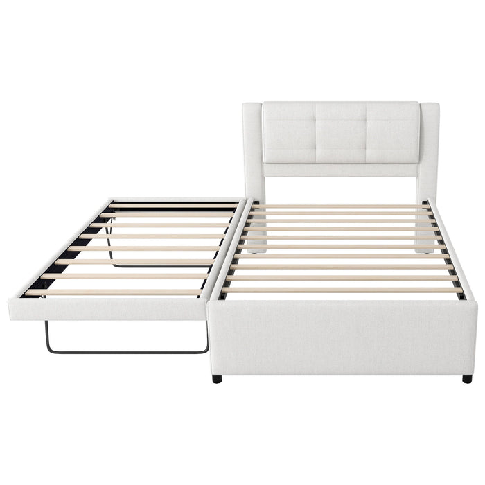 Upholstery Platform Bed With Trundle,Trundle Can Be Flat Or Erected