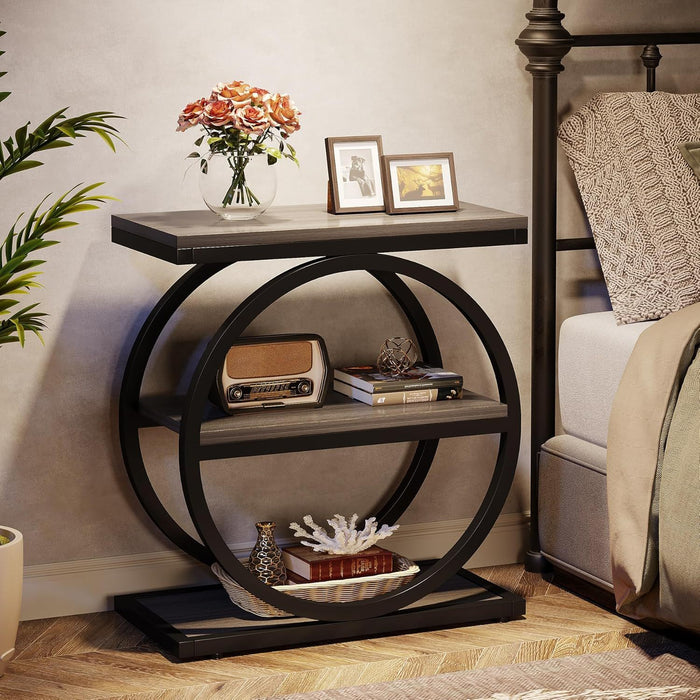 Industrial Narrow End Table With 3 Shelves