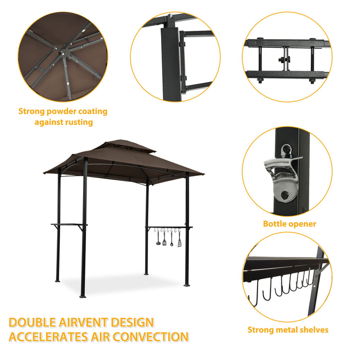 Outdoor Grill Gazebo With Double Tier Soft Top Canopy, Steel Frame, Bar Counters & Hook