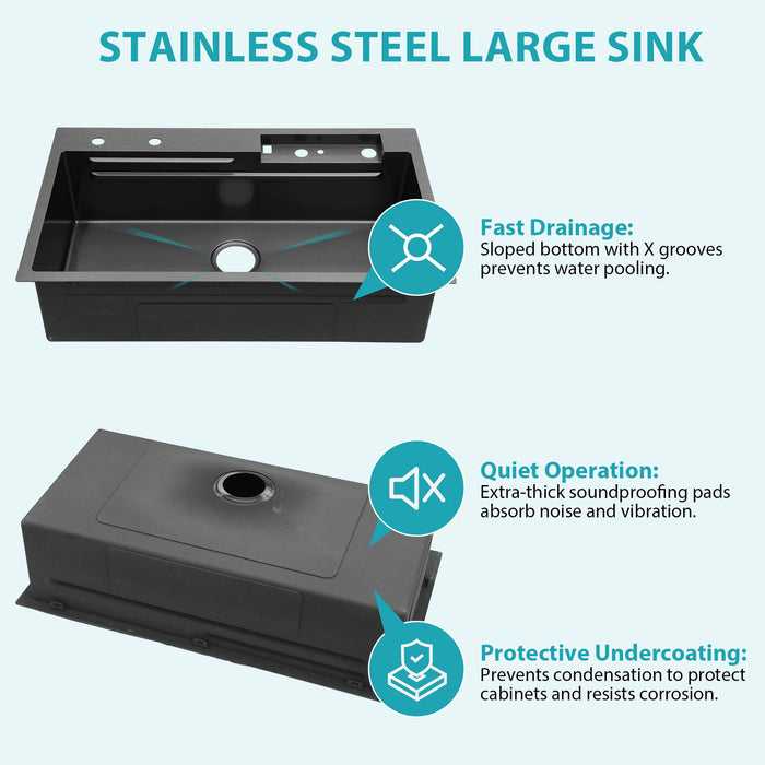 33" Stainless Steel Single Bowl Kitchen Sink With Waterfall Flow