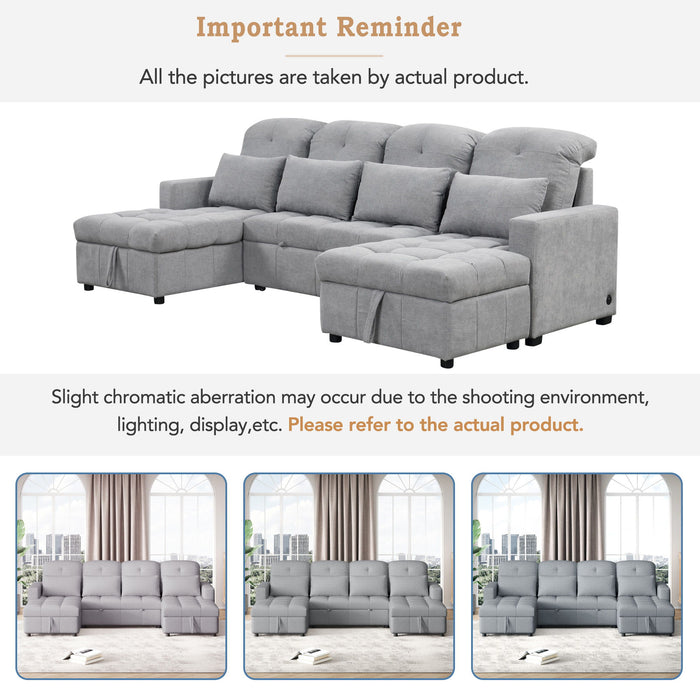 Oversized U-Shaped Versatile Sectional, Pull-Out Sofa Bed With Double Storage Chaise Lounges And 2 USB Ports For Living Room