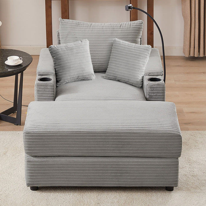 Single Sofa Couch With Storage Space, Movable Ottoman, USB Ports, Cup Holders, Phone Holder