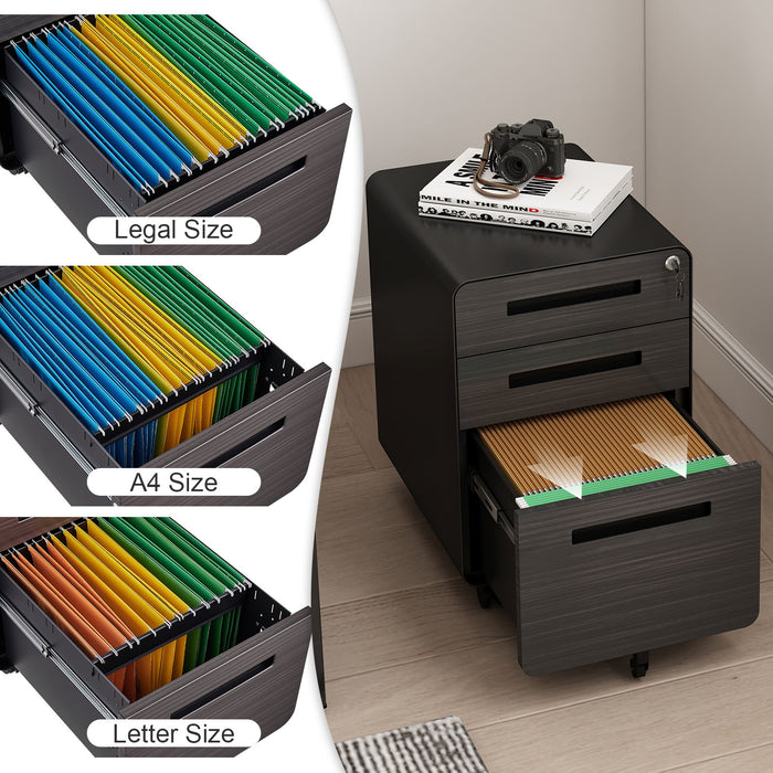 3 Drawer Mobile File Cabinet Under Desk Office, Simple Style Versatile Storage Cabinet For Legal / Letter / A4 Files, 5 Wheel Design Anti-Tilting Cold Rolled Steel Waterproof Moisture-Proof
