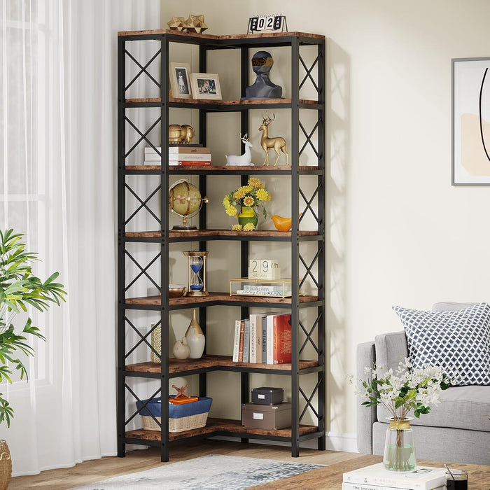 7 Tier Corner Bookshelf, Storage Unit For Living Room