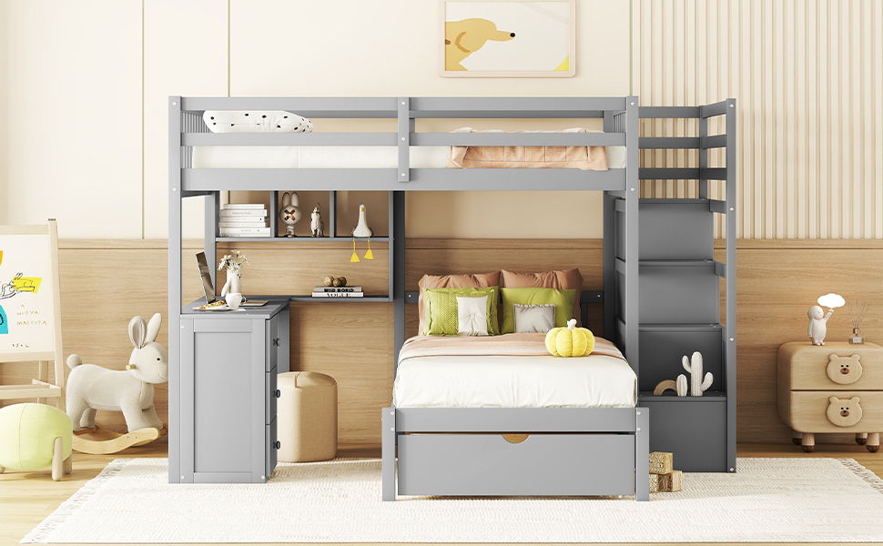 Bunk Bed With Desk, Drawers And Shelves