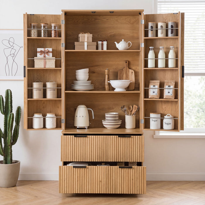 Fluted Kitchen Pantry Cabinet With 2 Large Drawers & 8 Door Spice Rack Freestanding Storage Organizer - Oak