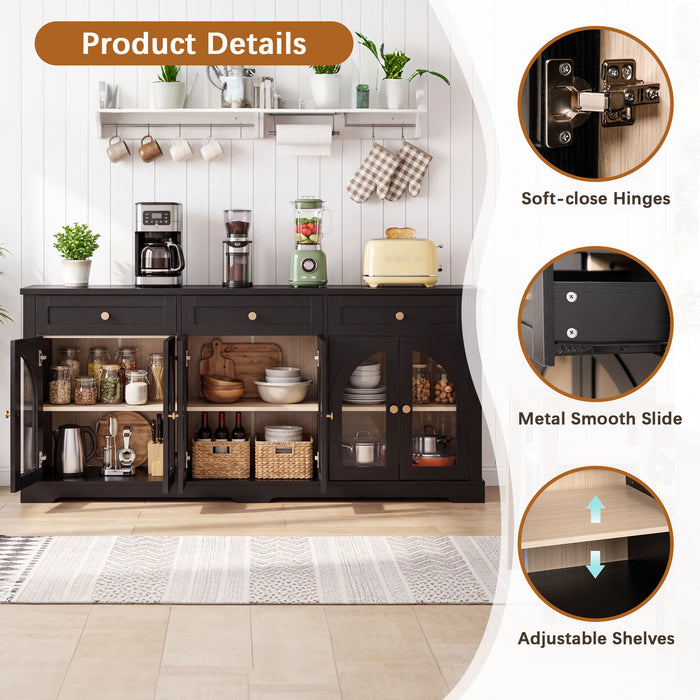 Sideboard Cabinet With 3 Drawers And 6 Arched Doors, Accent Storage Cabinet With Adjustable Shelves For Dining Room - Black