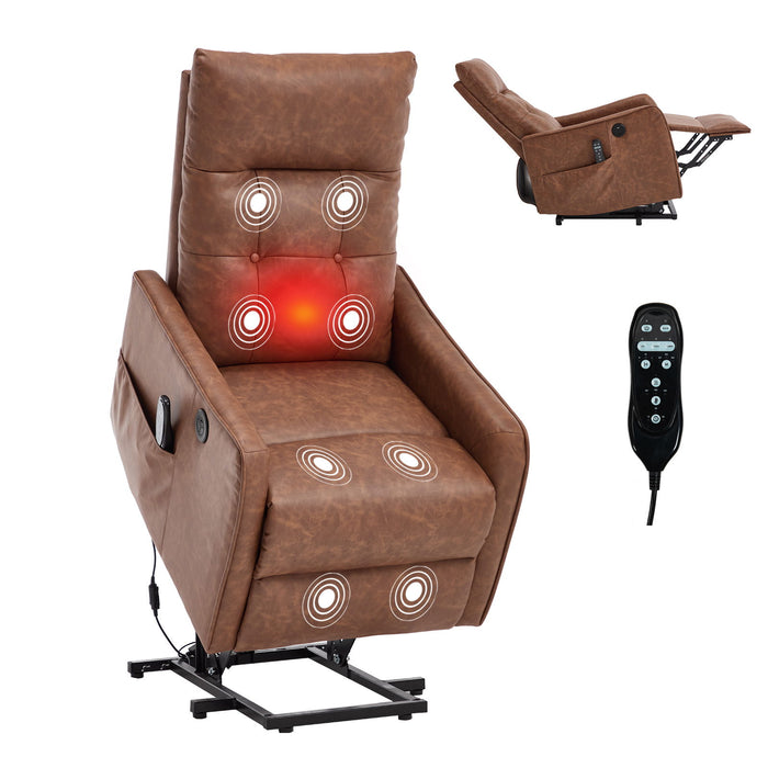 Single Motor Power Lift Recliner Chair With Massage And Heat, USB For Charging - Brown