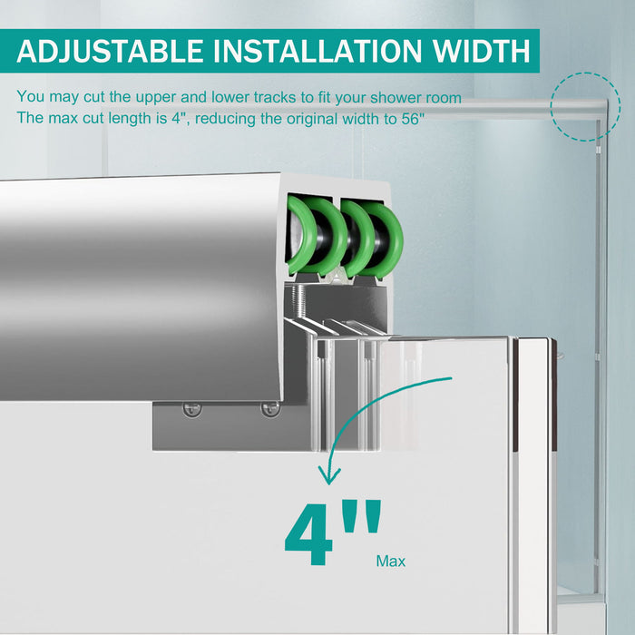 Double Sliding Bathtub Shower Door, Semi Frameless Bypass, 1 / 4" (6Mm) With Explosion - Proof Film, Adjustable Aluminum Alloy Frame