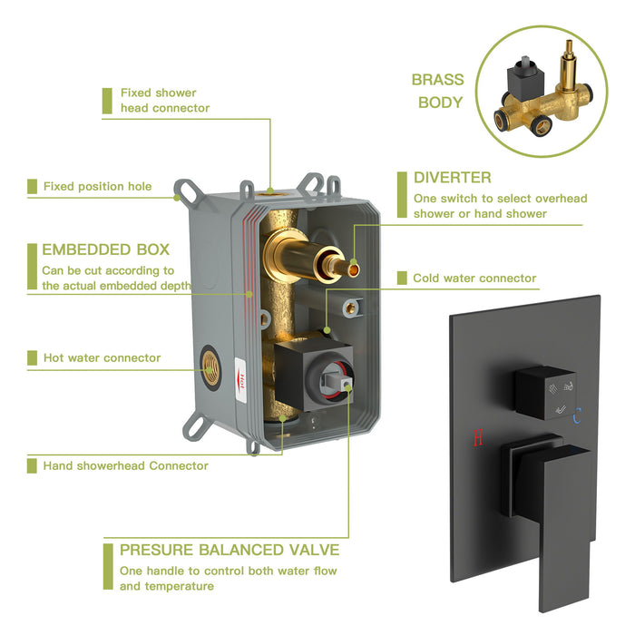 Wall Mounted Square Shower System With Rainfall Tub Spout And Handheld Shower, 10" - Matte Black