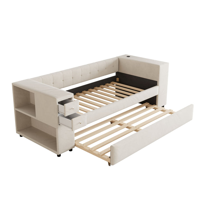 Upholstered Bed With Storage And Twin Trundle, USB Charging Ports
