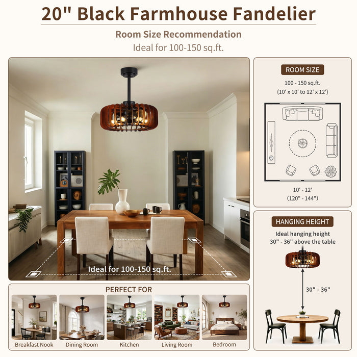 Ceiling Fan, Fandelier With 6 E12 Sockets, Reversible DC Motor, 6 Speeds, Remote Control, Adjustable Hanging - Black / Brown