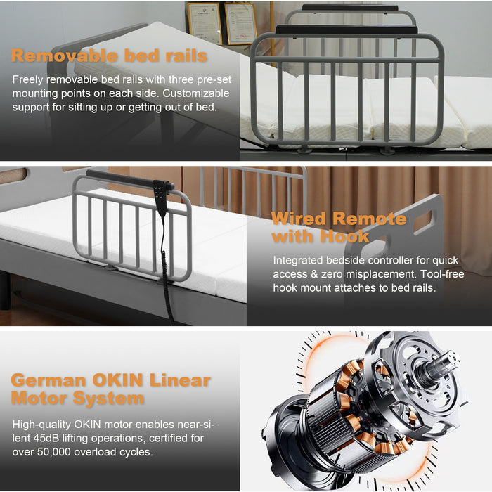 Electric Adjustable Hospital Bed For Home Use With Wired Remote Control, Memory Foam Mattress - Gray / White