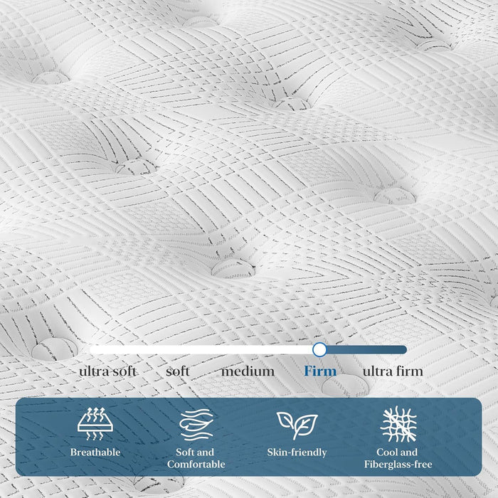 14" King Hybrid Mattress, Memory Foam & Pocket Spring Bed, Medium Firm Comfort, Spine Support, Quiet & Breathable - White