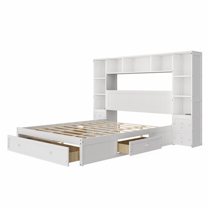 Platform Bed With All In One 2 Nightstand, Storage Shelf And Cabinet Bookcase With 2 Charging Stations