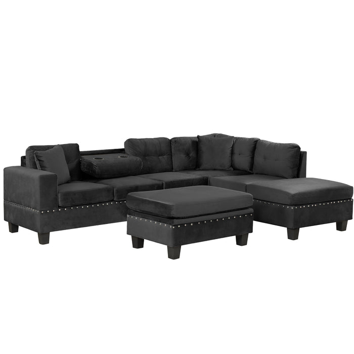 Modern Sectional Sofa With Storage Ottoman, L - Shape Couch With 2 Pillows And Cup Holders