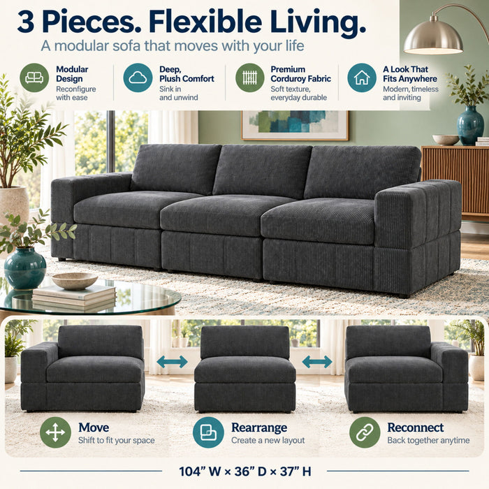 Oversized Modular Sectional Sofa 3 Piece Set For Living Room - Dark Gray