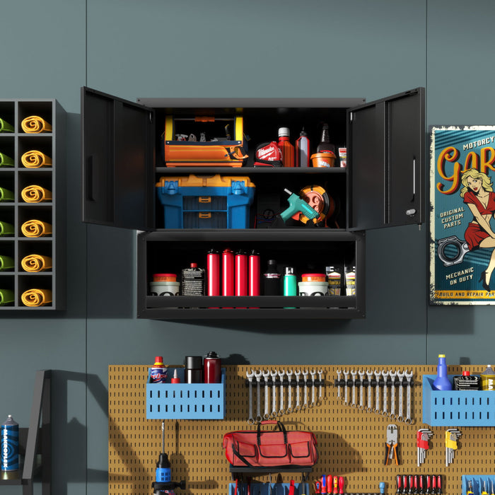 Wall-Mounted Storage Cabinet With Locking Door, 1 Shelf And Open Drawer - Black