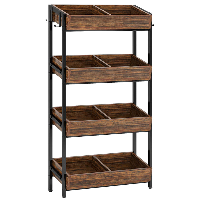4 Tier Retail Display Rack With Hooks, Tall Metal Snack Stand With Shelves - Brown / Black