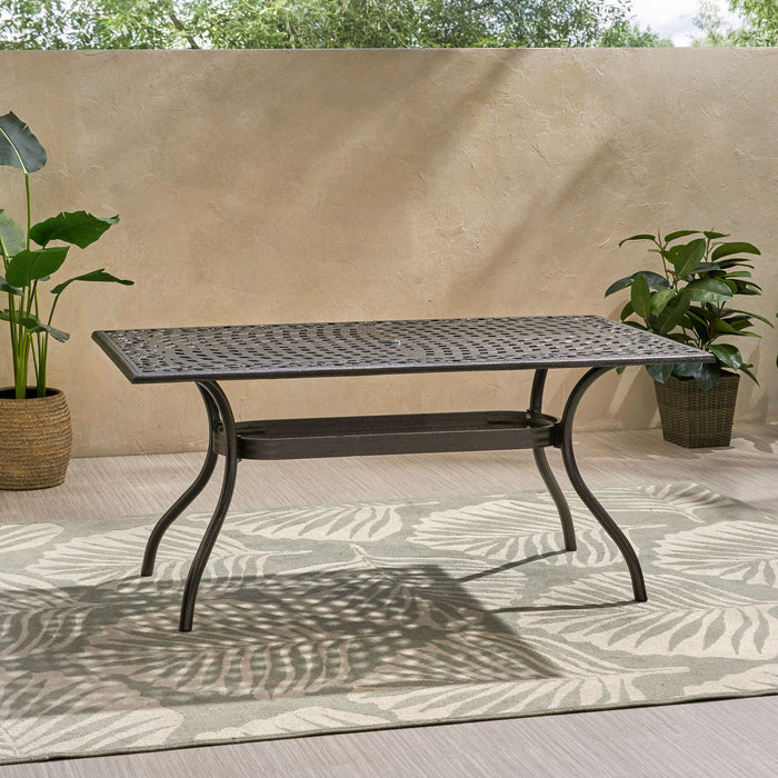 Celestine - Outdoor Cast Aluminum Dining Table With Floral Lattice Design And Umbrella Holder