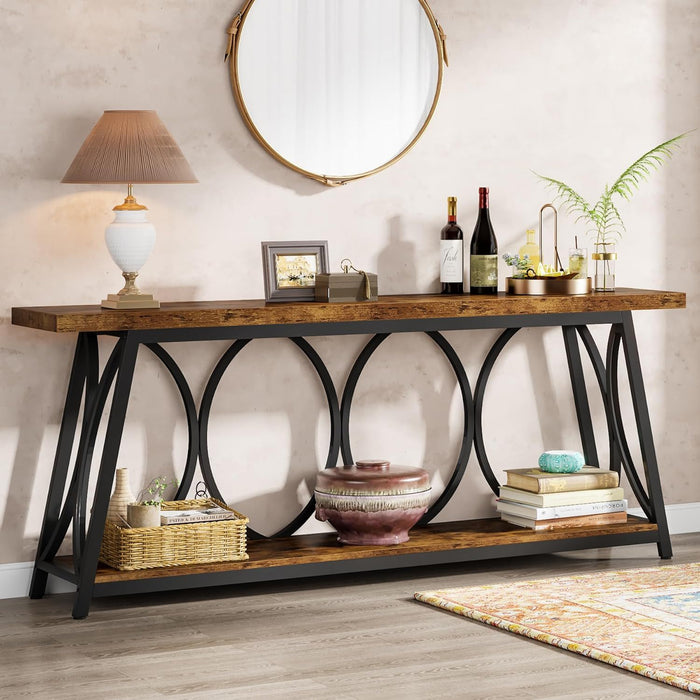 Extra Long Console Table With 2 Tier Storage Shelves For Living Entryway - Brown / Black