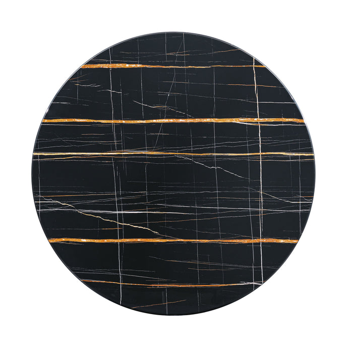 Marble Printed Round Dining Table - Black Columnar Base With Gold Annulus Not Including Chairs - Black
