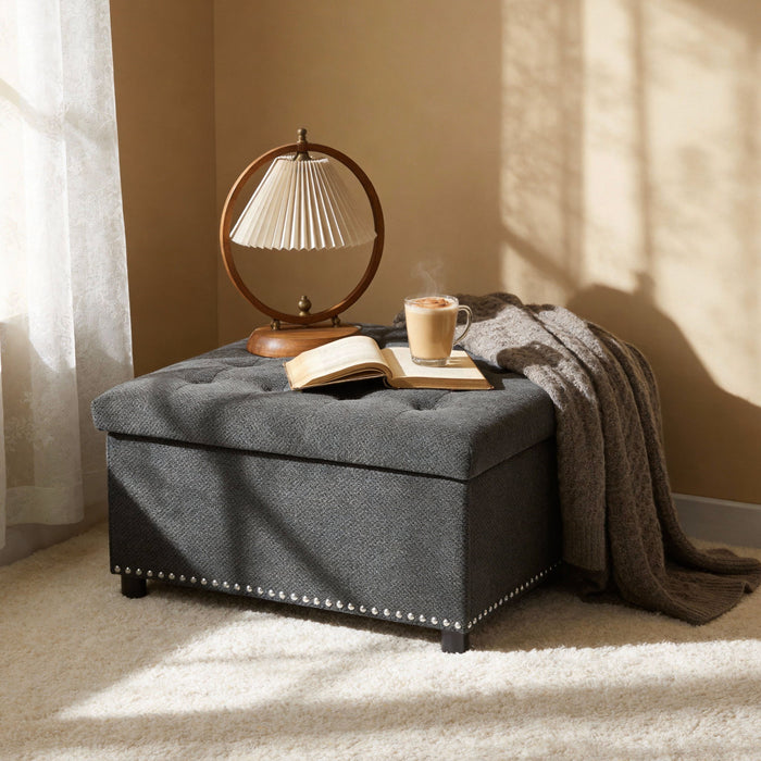 Square Tufted Storage Ottoman With Nailhead Trim