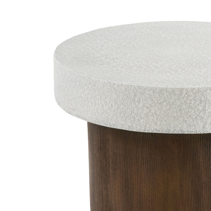 Mgo Cylindrical Side Table With Faux Stone Top And Wood Faux Base - Antique White / Natural