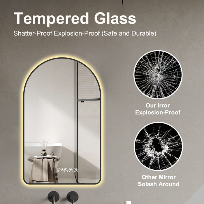 Modern Arched LED Bathroom Mirror With Time And Temperature Display, Anti Fog, Dimmable Light - Black