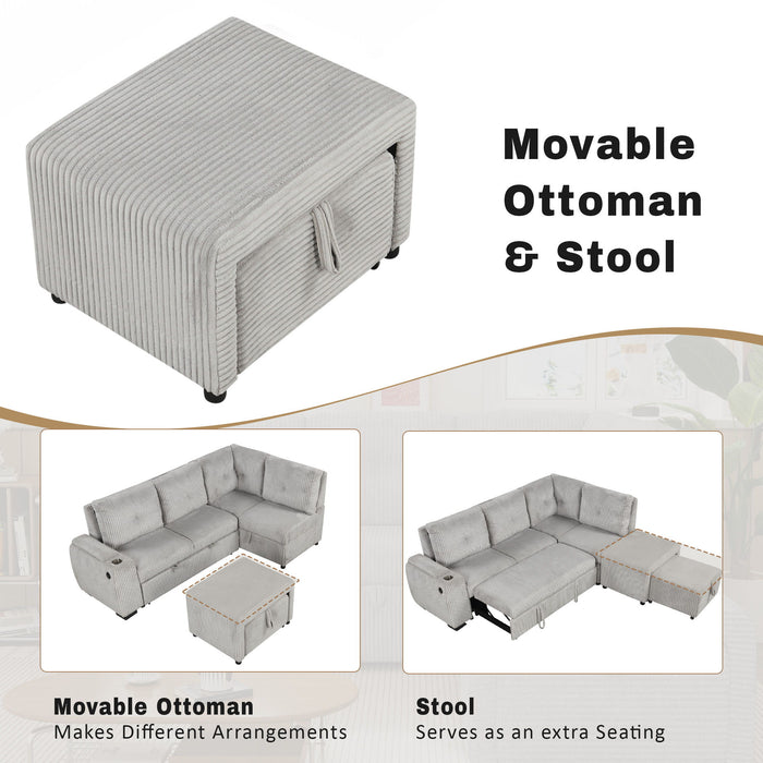 Pull-Out L-Shaped Sectional Sofa With Movable Ottoman And Stool, Large Storage Space, A Cup Holder, And 2 USB Ports For Living Room