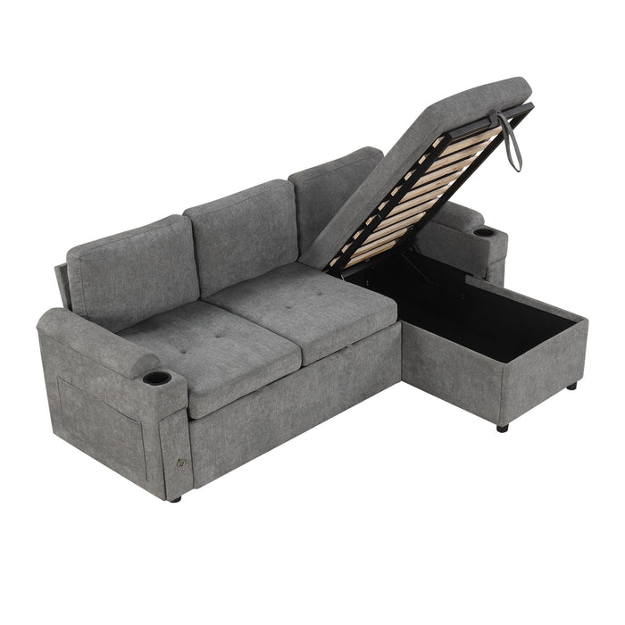 Convertible L Shaped Sofa Couch With Storage, Cup Holders, USB Ports
