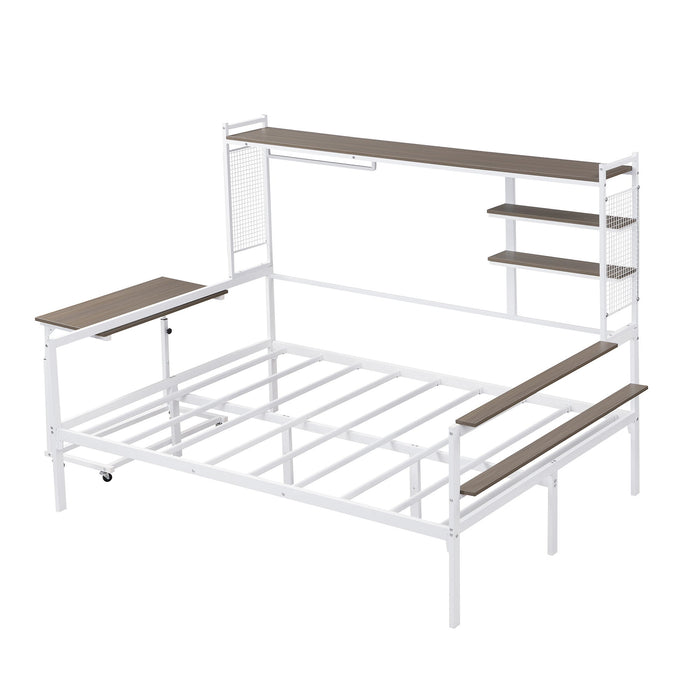 Daybed With Movable Desk, Grid, Shelves And Clothes Hanger