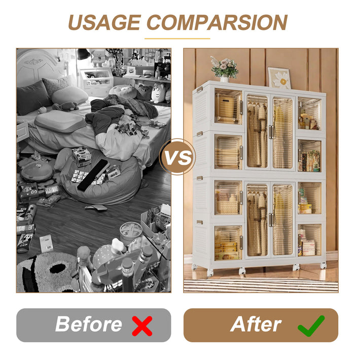 Portable Wardrobe Closet Storage Organizer For Clothes With Magnetic Doors, 12 Cubes & 2 Hanging Rods - White