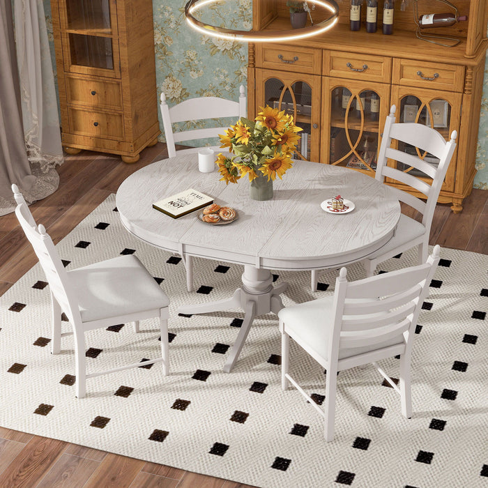5 Piece Retro Functional Dining Table Set With Extendable Round Table And Upholstered Chairs