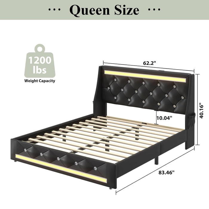 Wingback Upholstered Bed Frame With LED Lights, Charging Station