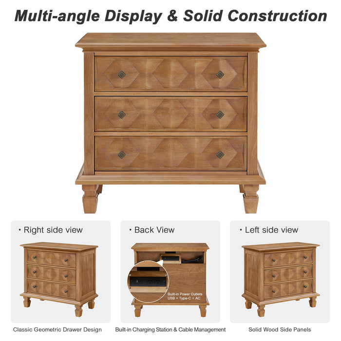 Nightstand With Charging Station, 3 Drawer Bedside Table - Natural Wood