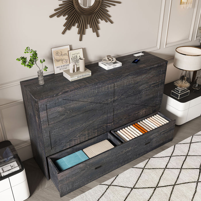 Murphy Bed With Storage Drawers And Charging Cabinet, Foldable Panels, Swivel Wheels