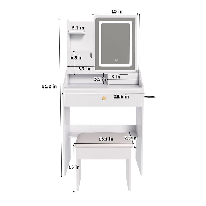 3 Color LED Vanity Mirror With Stool, Dressing Table For Bedroom, 2 Drawers & 5 Storage Cabinets (4 Open + 1 Hidden), Adjustable Lighting - White