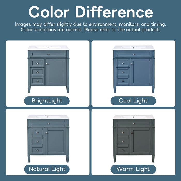 Bathroom Vanity With Top Sink, Storage Cabinet With 2 Drawers And Tip Out Drawer, Rectangular Design - Blue