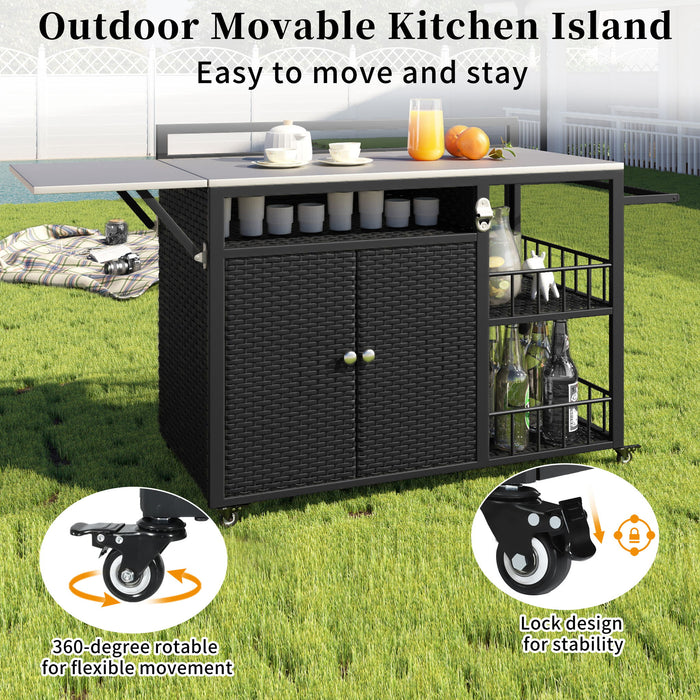 Outdoor Kitchen Island With Storage, Cooking Station, Grill Cart, Foldable Tabletop, And Bottle Opener - Dark Brown