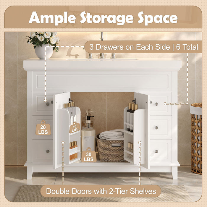 Bathroom Vanity & Sink, 6 Soft Close Drawers & Double Doors - White