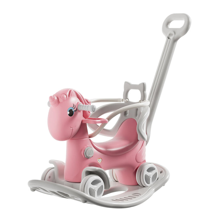 Unicorn Rocking Horse For Toddlers, Ride On Toy With Push Handle And Balance Board - Pink