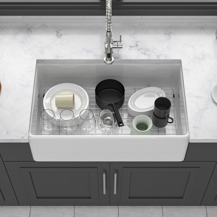 Ceramic Farmhouse Sink With Deep Basin And Stainless Steel Grid